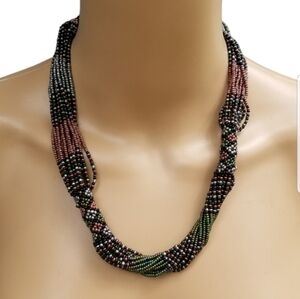 VINTAGE CZECH GLASS SEED BEAD ORNATE FLORAL PATTERN NECKLACE